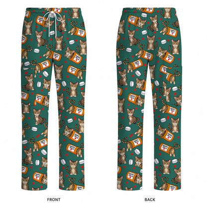 Tabby Cat Nurse Scrub Top, Happy Pills Medical Scrubs, Cute Cat Lover Healthcare Uniform