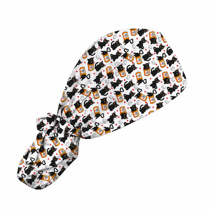 Black Cat Happy Pills Nurse Scrub Caps, Funny Pharmacy Cat Scrubs for Nurses, Cute Medical Nursing Cap Gift