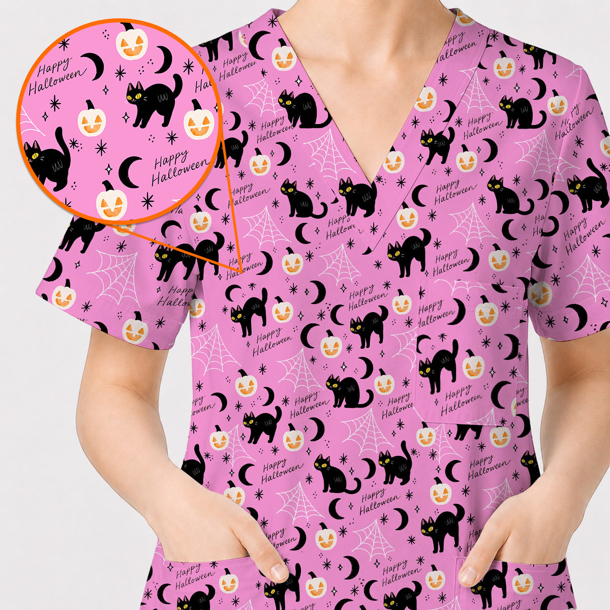 Black Cat Halloween Scrub Top, Cute Pumpkin Nurse Scrubs, Spooky Season Medical Uniform