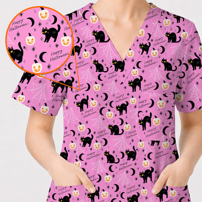 Black Cat Halloween Scrub Top, Cute Pumpkin Nurse Scrubs, Spooky Season Medical Uniform
