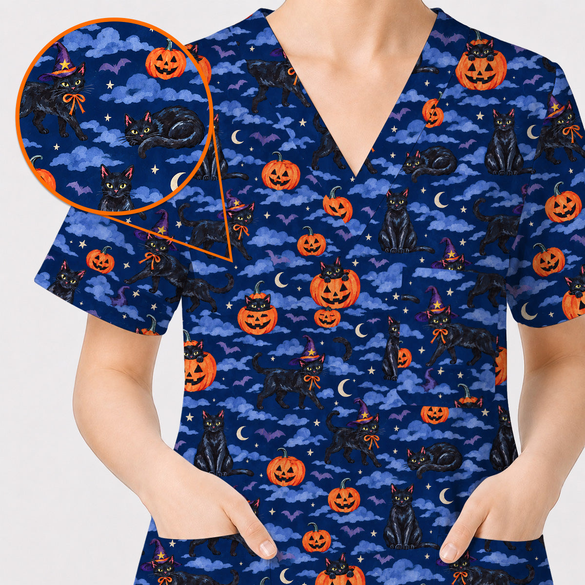 Black Cat Halloween Scrub Top, Witchy Pumpkin Nurse Scrubs, Spooky Season Healthcare Uniform