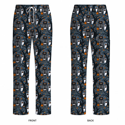 Skeleton Cat Halloween Scrub Top, Spooky Black Cat Nurse Scrubs, Halloween Medical Uniform