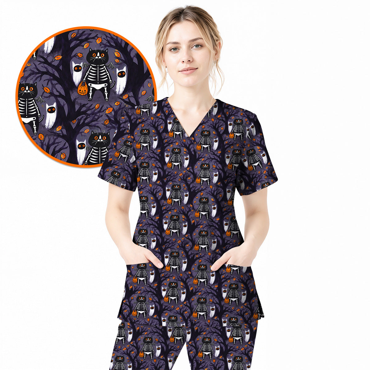 Skeleton Cat Halloween Scrub Top, Spooky Black Cat Nurse Scrubs, Halloween Medical Uniform