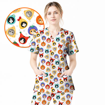 Funny Cat Pattern Scrub Top, Cute Kitty Nursing Uniform for Cat Lovers, Comfortable Medical Scrubs for Nurses