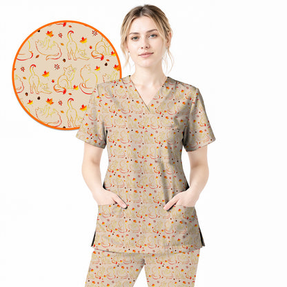 Autumn Black Cat Scrub Top, Fall Cat Nursing Uniform for Cat Lovers, Comfortable Feline Medical Scrubs For Nurse