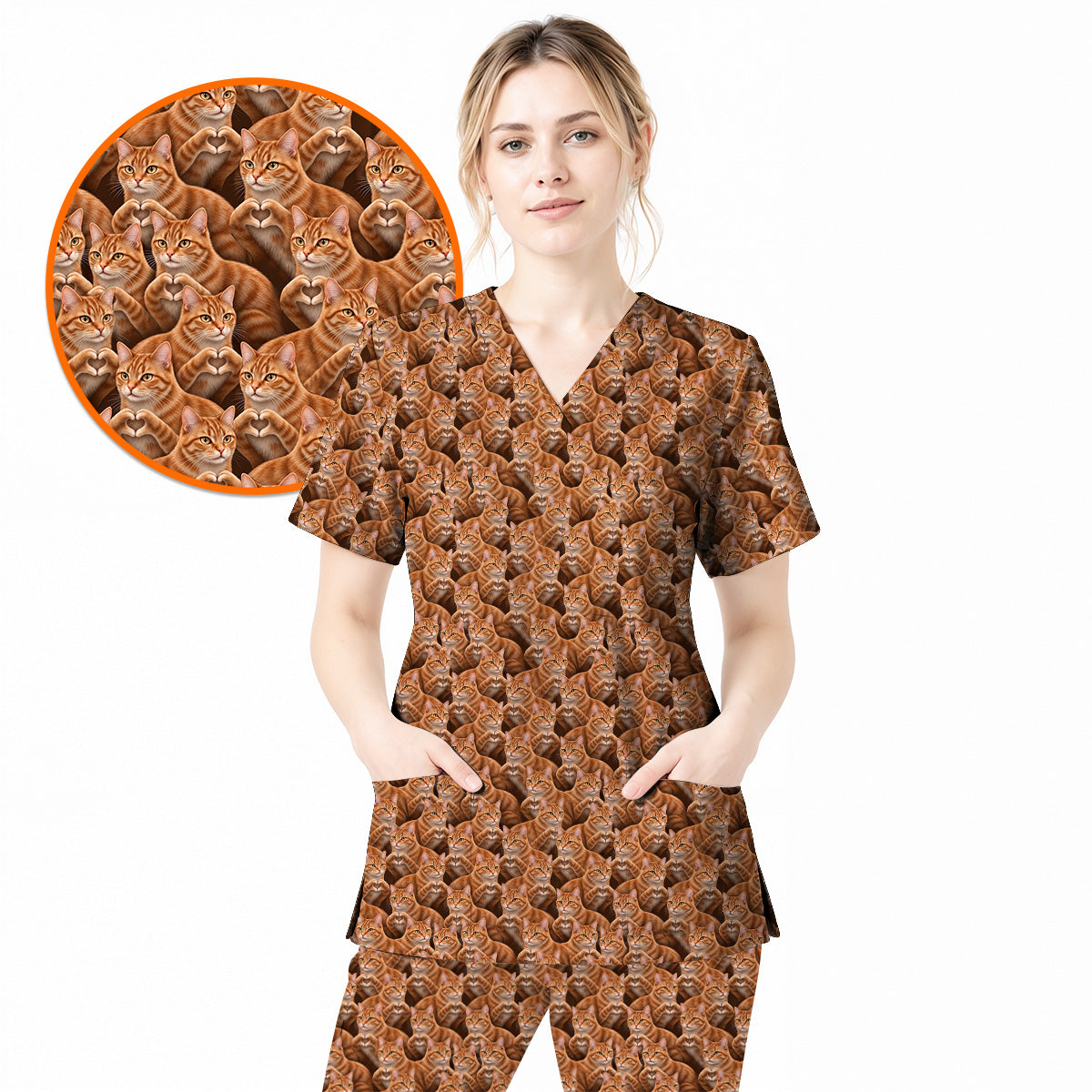 Orange Tabby Cat Pattern Scrub Top, Ginger Cat Nurse Scrubs For Cat Lover, Breathable Fabrics Nursing Uniform