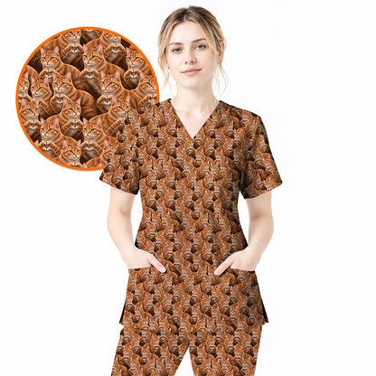Orange Tabby Cat Pattern Scrub Top, Ginger Cat Nurse Scrubs For Cat Lover, Breathable Fabrics Nursing Uniform