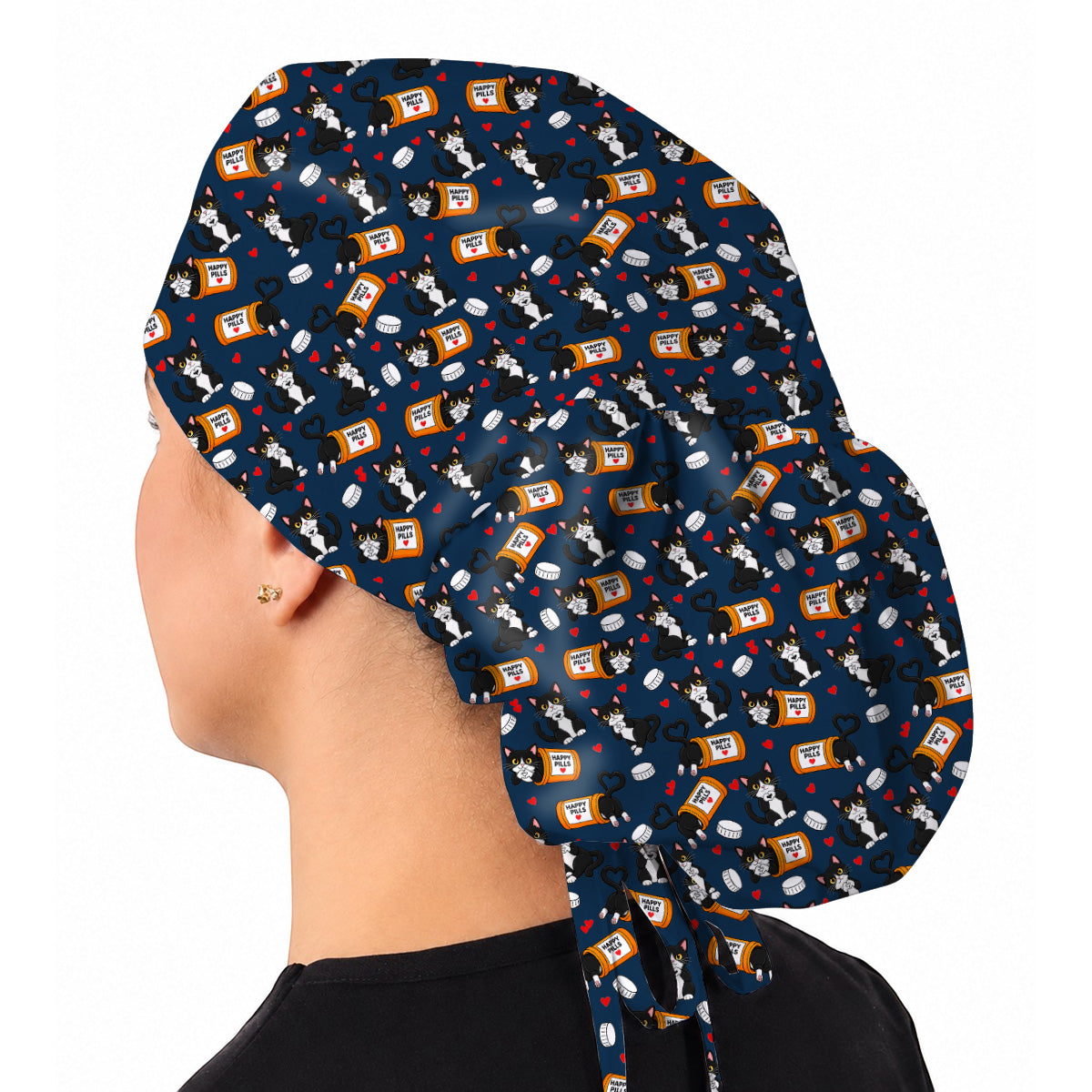 Cute Cat Nurse Scrub Caps, Funny Happy Pills Medical Headwear, Cat Lover Healthcare Cap