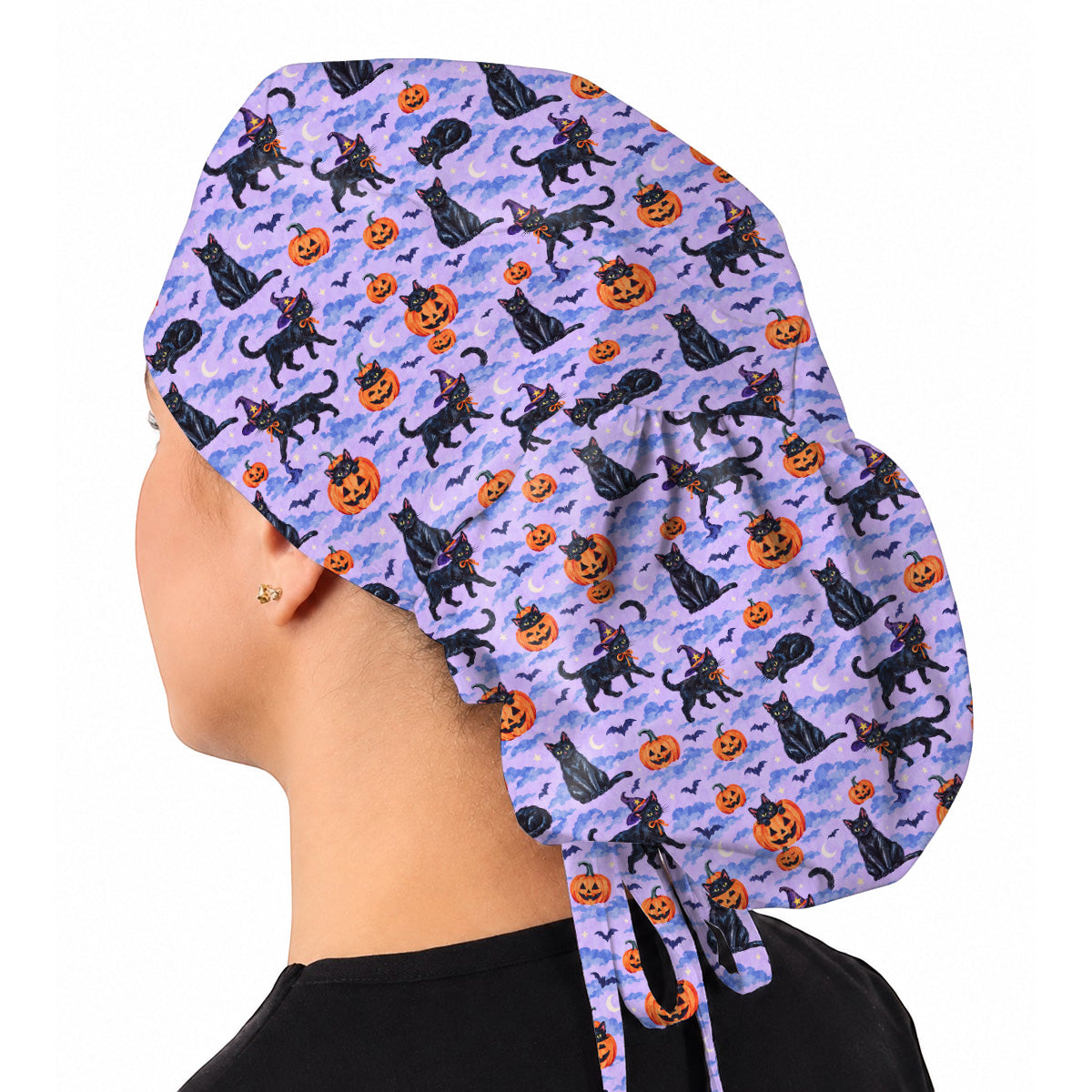 Black Cat Halloween Scrub Caps, Witchy Pumpkin Nurse Headwear, Spooky Season Healthcare Cap