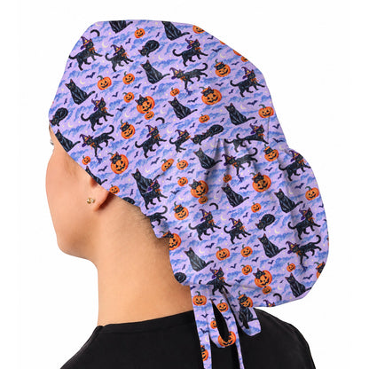 Black Cat Halloween Scrub Caps, Witchy Pumpkin Nurse Headwear, Spooky Season Healthcare Cap