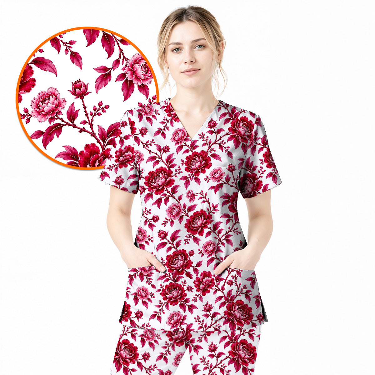 Peony Floral Scrub Top for Women, Elegant Peony Nurse Scrub Shirt, Floral Nursing Uniform For Healthcare Workers