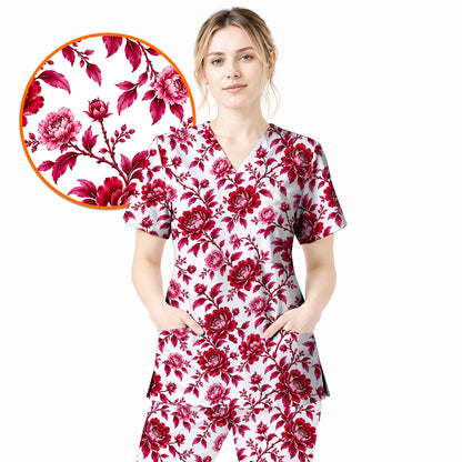 Peony Floral Scrub Top for Women, Elegant Peony Nurse Scrub Shirt, Floral Nursing Uniform For Healthcare Workers