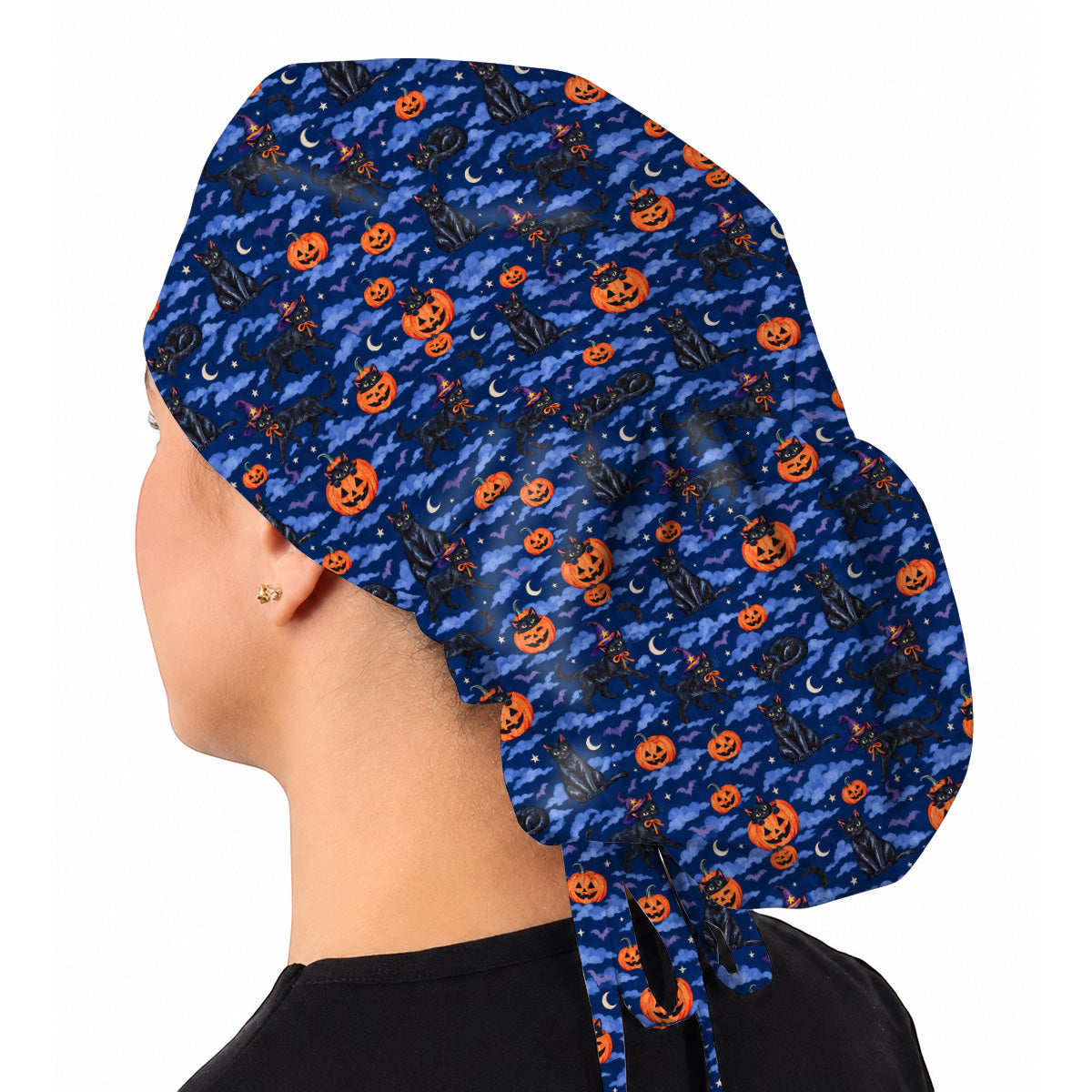 Black Cat Halloween Scrub Caps, Witchy Pumpkin Nurse Headwear, Spooky Season Healthcare Cap