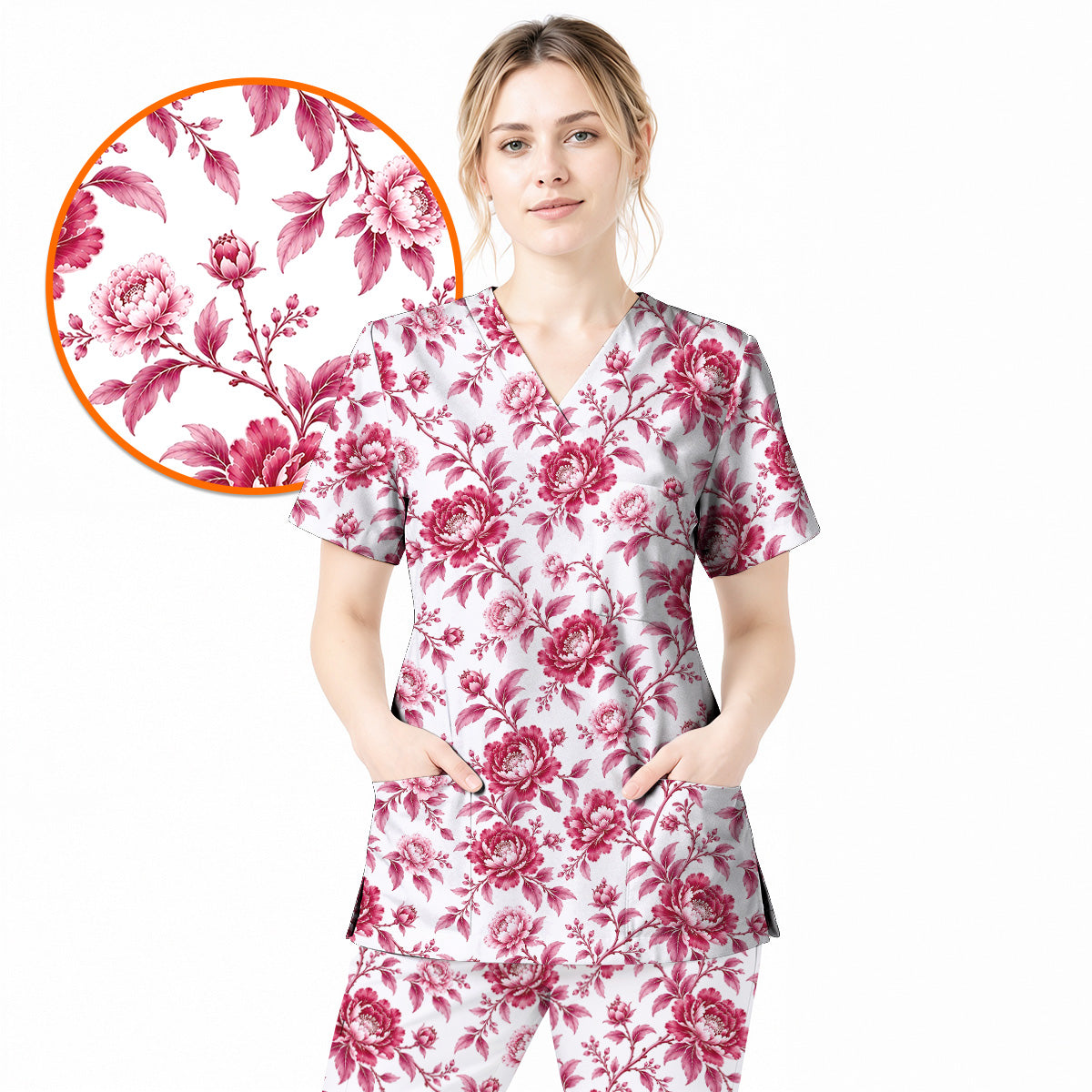 Peony Floral Scrub Top for Women, Elegant Peony Nurse Scrub Shirt, Floral Nursing Uniform For Healthcare Workers