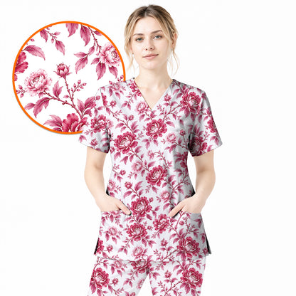 Peony Floral Scrub Top for Women, Elegant Peony Nurse Scrub Shirt, Floral Nursing Uniform For Healthcare Workers