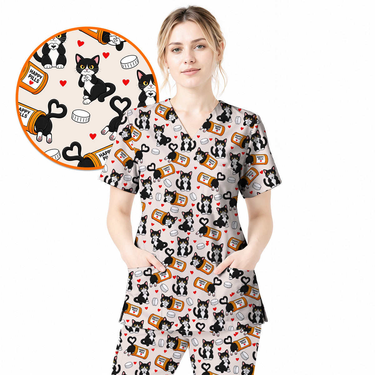 Cute Cat Nurse Scrub Top, Funny Happy Pills Medical Scrubs, Cat Lover Healthcare Uniform