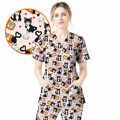 Cute Cat Nurse Scrub Top, Funny Happy Pills Medical Scrubs, Cat Lover Healthcare Uniform