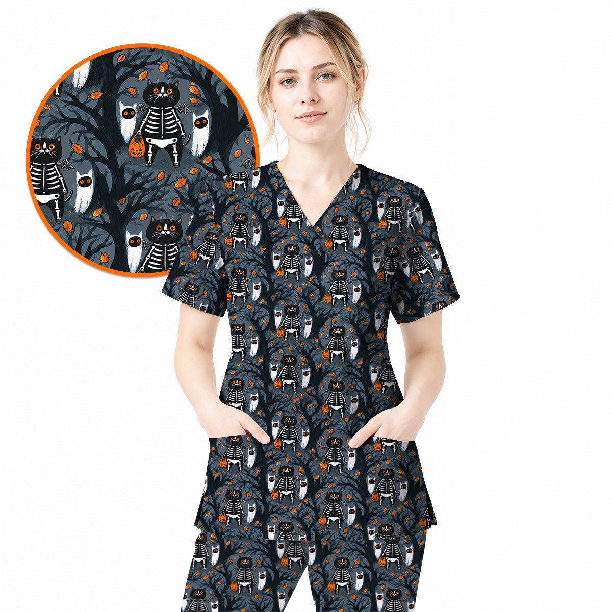 Skeleton Cat Halloween Scrub Top, Spooky Black Cat Nurse Scrubs, Halloween Medical Uniform