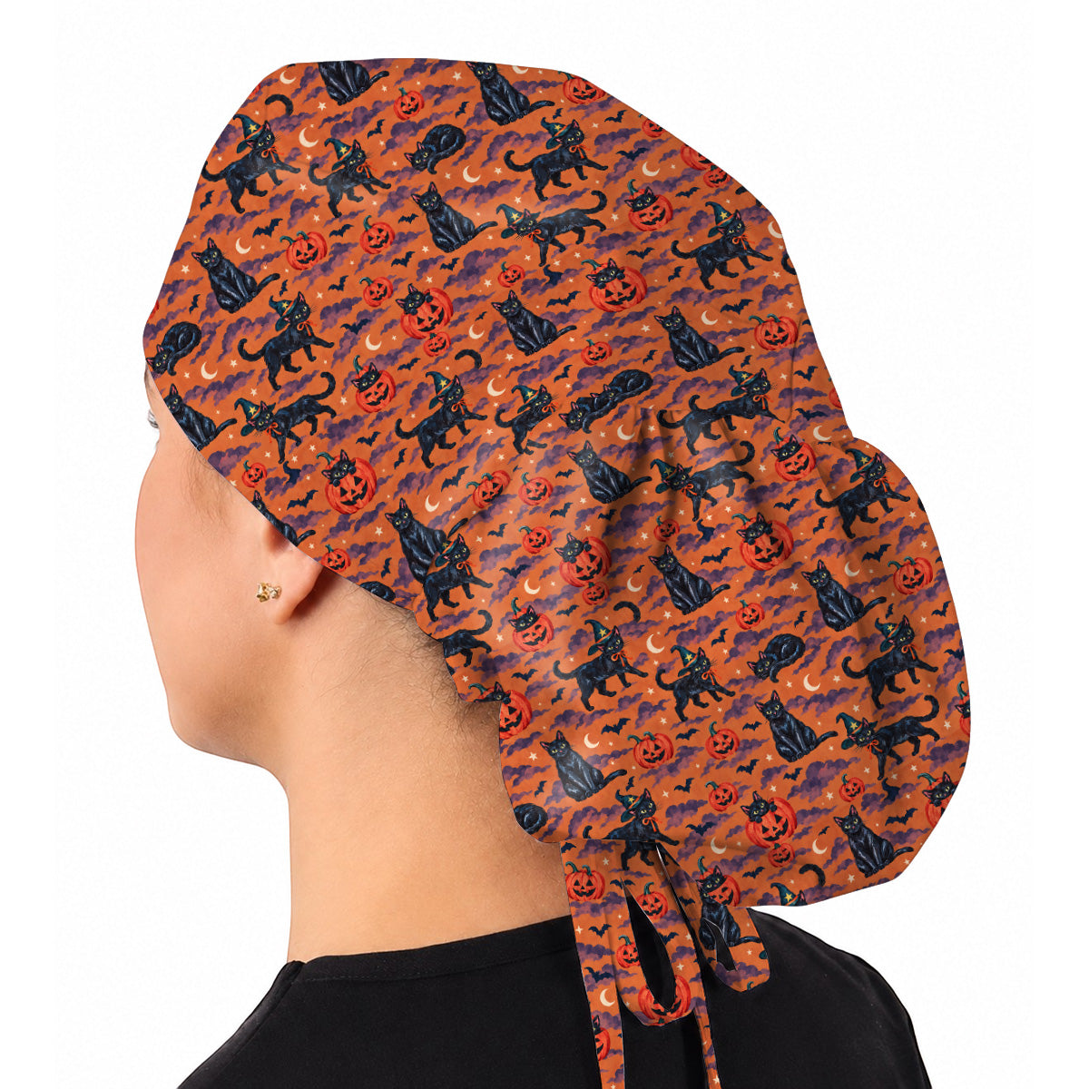 Black Cat Halloween Scrub Caps, Witchy Pumpkin Nurse Headwear, Spooky Season Healthcare Cap