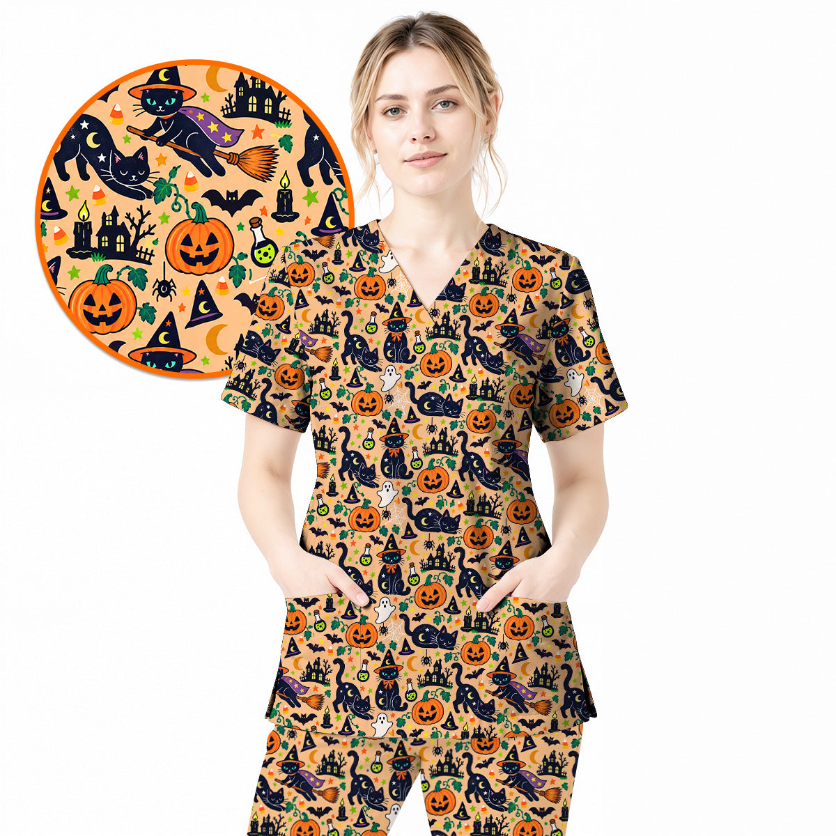 Black Cat Witch Halloween Scrub Top, Spooky Pumpkin Nurse Scrubs, Halloween Medical Uniform