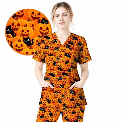Halloween Cat Scrub Top, Pumpkin Nurse Scrubs, Spooky Season Scrub Uniform