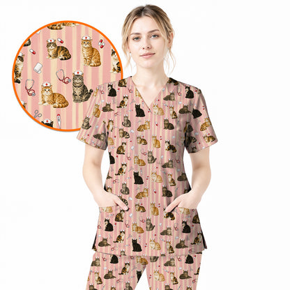 Nurse Cat Scrub Top, Cat Lover Medical Nurse Uniform for Veterinary & Healthcare Workers, Comfortable Feline Nursing Scrubs