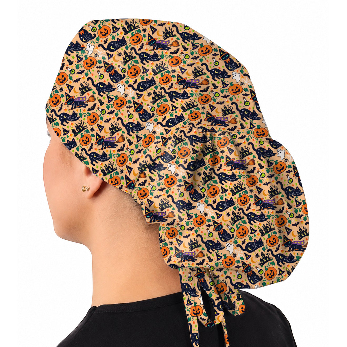 Black Cat Witch Halloween Scrub Caps, Spooky Pumpkin Nurse Headwear, Halloween Medical Cap
