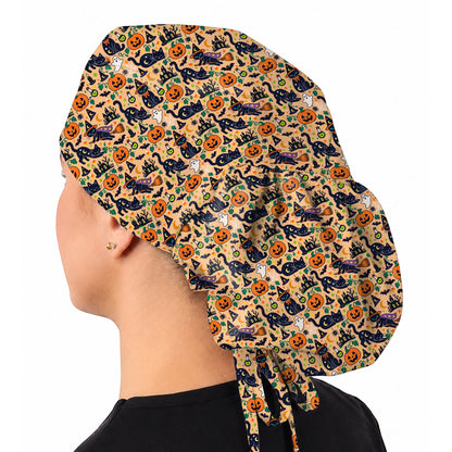 Black Cat Witch Halloween Scrub Caps, Spooky Pumpkin Nurse Headwear, Halloween Medical Cap