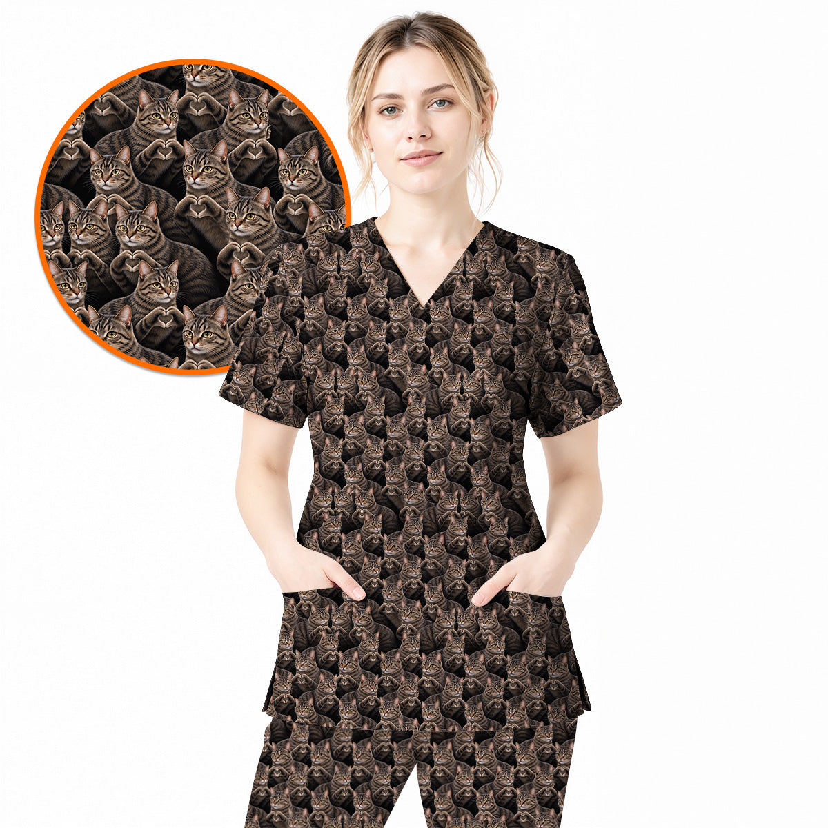 Tabby Cat Pattern Scrub Top, Brown Tabby Cat Nurse Scrubs, Cat Lover Nursing Uniform