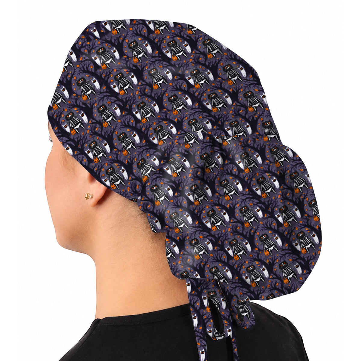 Skeleton Cat Halloween Scrub Caps, Spooky Black Cat Nurse Scrubs, Halloween Medical Cap