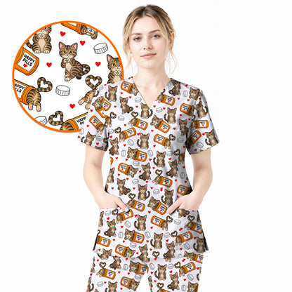 Tabby Cat Nurse Scrub Top, Happy Pills Medical Scrubs, Cute Cat Lover Healthcare Uniform