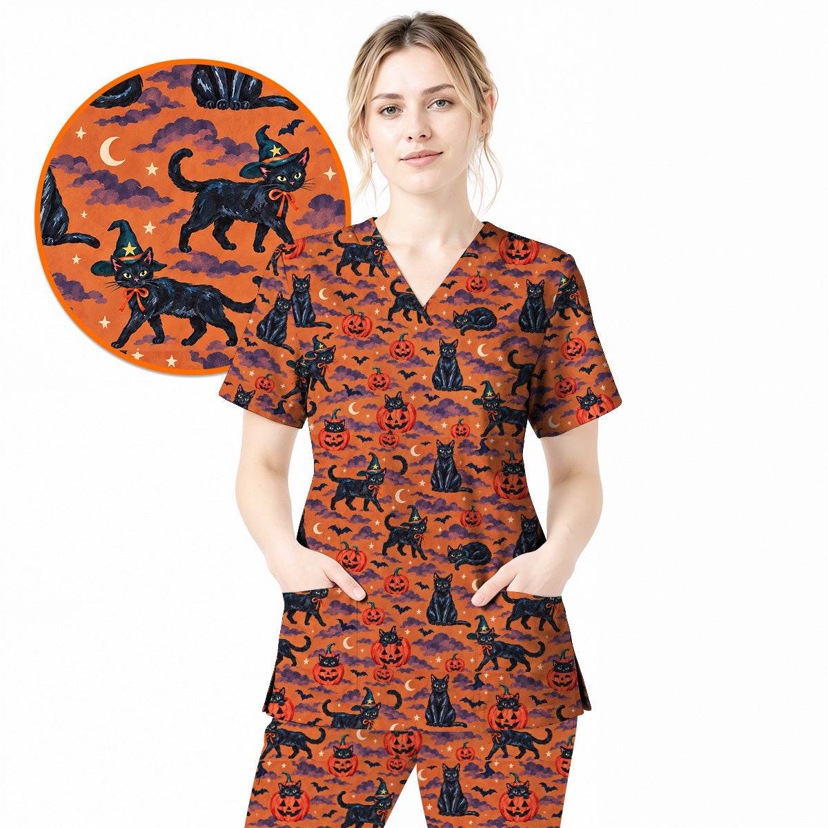 Black Cat Halloween Scrub Top, Witchy Pumpkin Nurse Scrubs, Spooky Season Healthcare Uniform