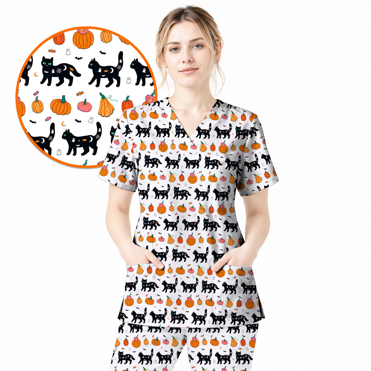Halloween Black Cat Scrub Top, Pumpkin Cat Print Scrubs, Spooky Nurse Uniform