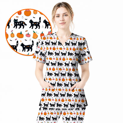 Halloween Black Cat Scrub Top, Pumpkin Cat Print Scrubs, Spooky Nurse Uniform