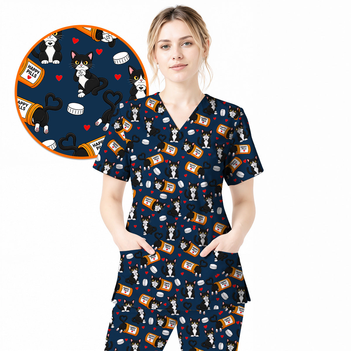 Cute Cat Nurse Scrub Top, Funny Happy Pills Medical Scrubs, Cat Lover Healthcare Uniform