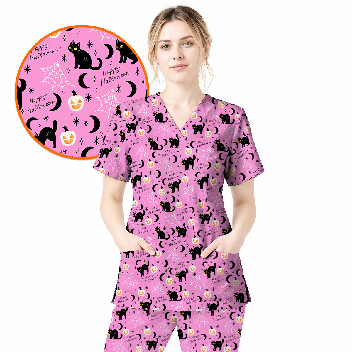 Black Cat Halloween Scrub Top, Cute Pumpkin Nurse Scrubs, Spooky Season Medical Uniform