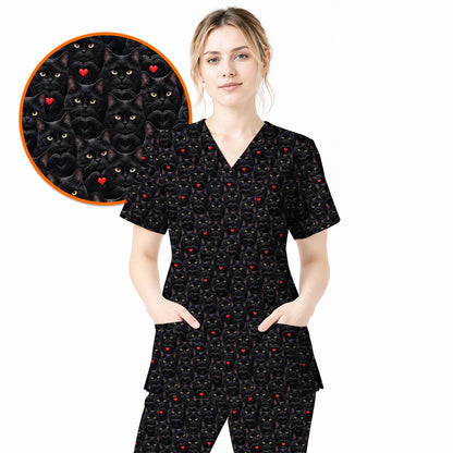 Black Cat Heart Pattern Nurse Scrub Top, Cute Cat Lover Scrubs For Nurses, Breathable Fabrics Nursing Uniform