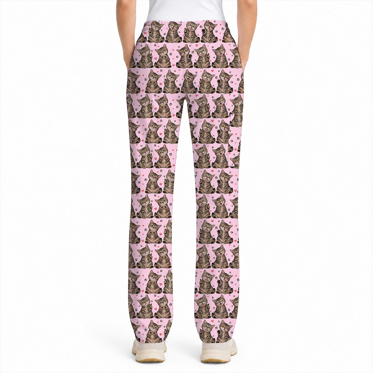 Cute Tabby Cat Pattern Scrub Top, Heart Paw Cat Nurse Scrubs, Breathable Fabrics Nursing Uniform