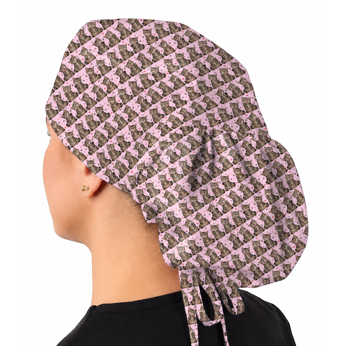 Cute Tabby Cat Pattern Scrub Caps, Heart Paw Cat Nurse Scrubs, Breathable Fabrics Nursing Cap