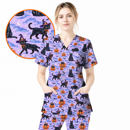 Black Cat Halloween Scrub Top, Witchy Pumpkin Nurse Scrubs, Spooky Season Healthcare Uniform
