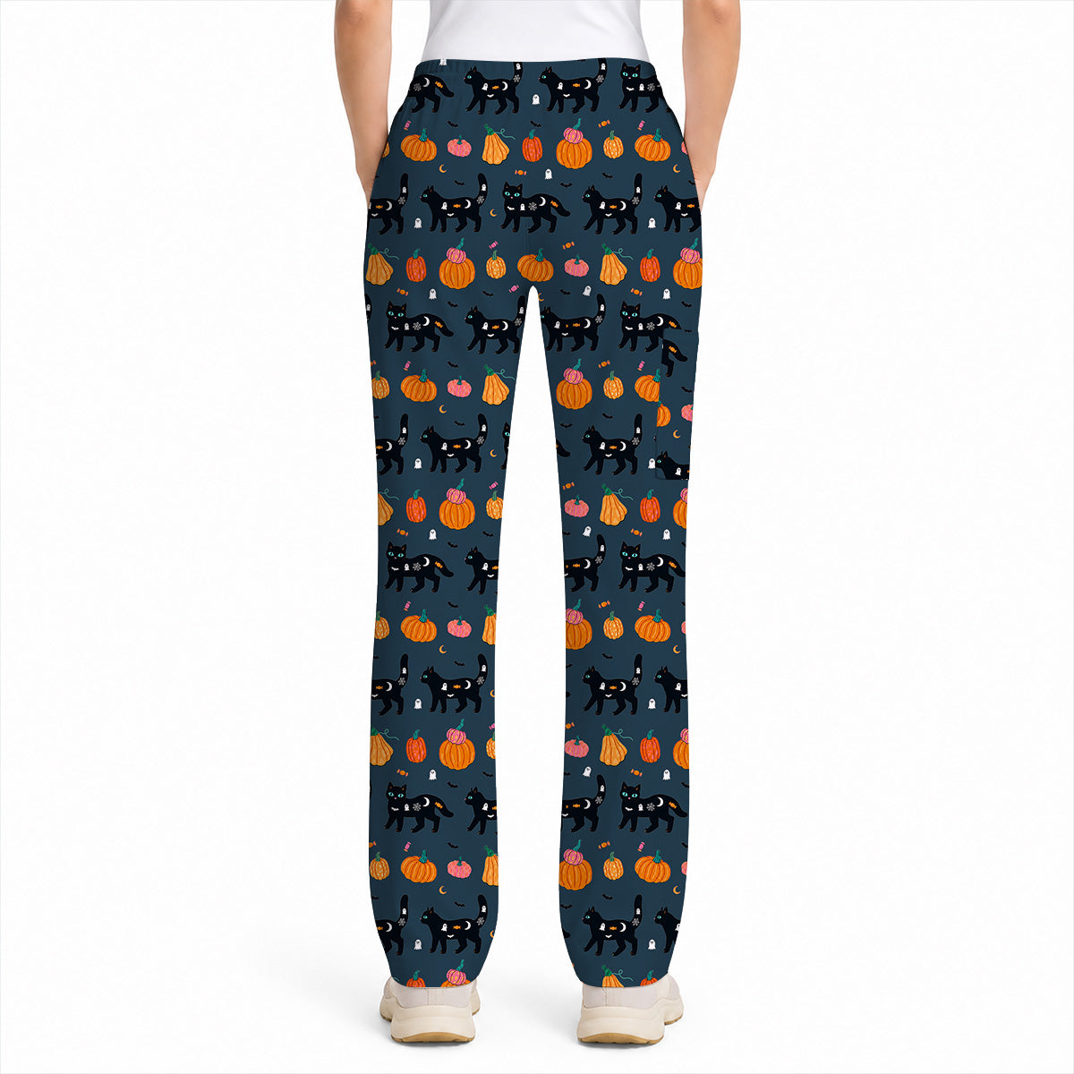 Halloween Black Cat Scrub Top, Pumpkin Cat Print Scrubs, Spooky Nurse Uniform