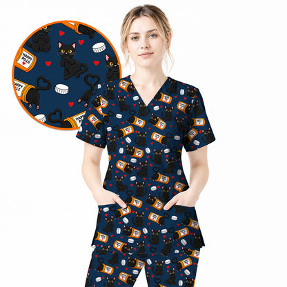 Black Cat Happy Pills Nurse Scrub Top, Funny Pharmacy Cat Scrubs for Nurses, Cute Medical Nursing Uniform Gift