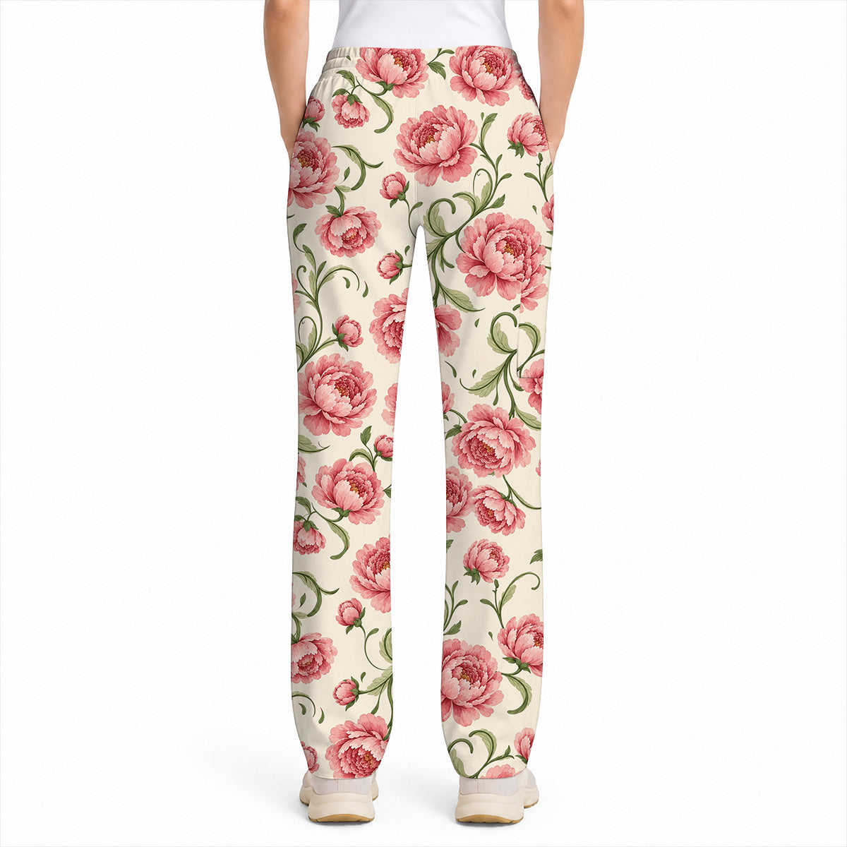 Peony Floral Pattern Scrub Top, Crazy Pink Peony Nurse Scrubs, Breathable Fabrics Nursing Uniform