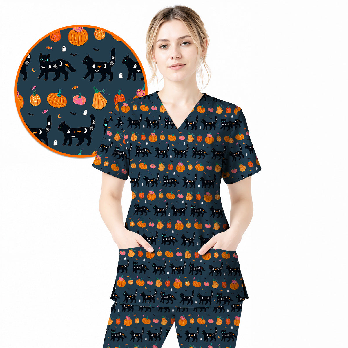 Halloween Black Cat Scrub Top, Pumpkin Cat Print Scrubs, Spooky Nurse Uniform