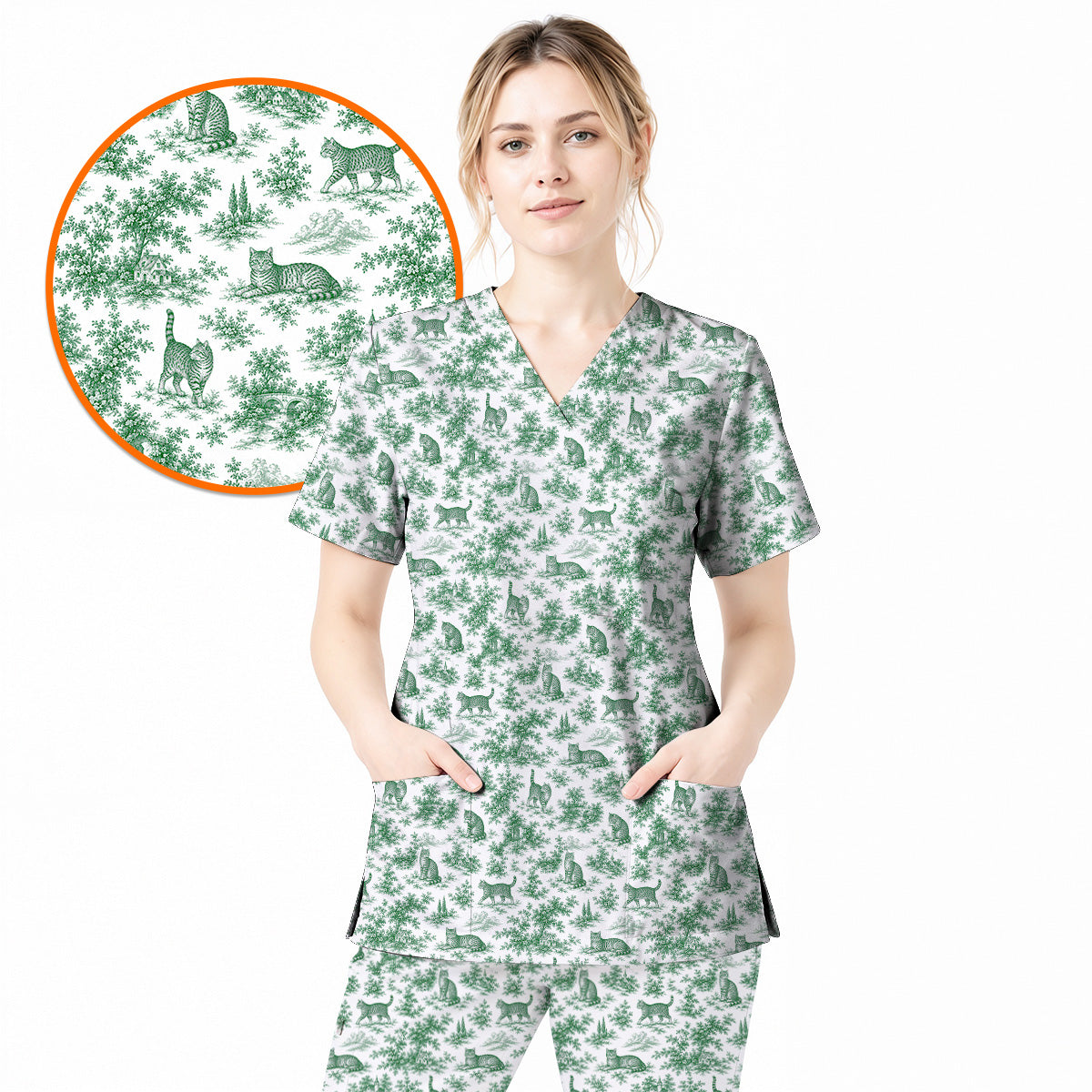 Toile de Jouy Cat Scrub Top, Crazy Cats Pattern Nursing Uniform for Cat Lovers, Vintage Feline Medical Scrubs