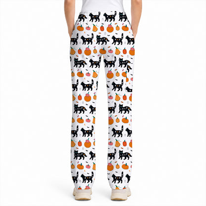 Halloween Black Cat Scrub Top, Pumpkin Cat Print Scrubs, Spooky Nurse Uniform