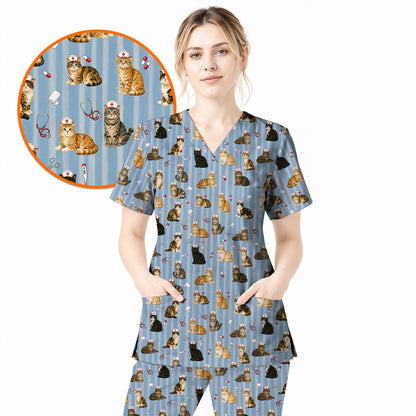 Nurse Cat Scrub Top, Cat Lover Medical Nurse Uniform for Veterinary & Healthcare Workers, Comfortable Feline Nursing Scrubs
