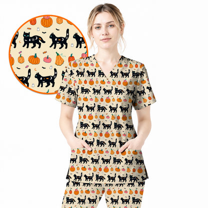 Halloween Black Cat Scrub Top, Pumpkin Cat Print Scrubs, Spooky Nurse Uniform