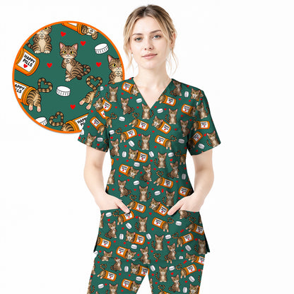 Tabby Cat Nurse Scrub Top, Happy Pills Medical Scrubs, Cute Cat Lover Healthcare Uniform