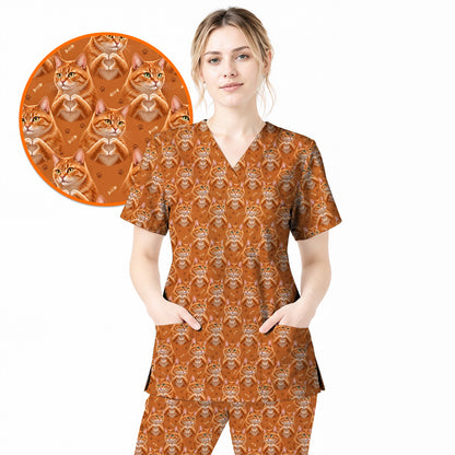 Orange Tabby Cat Love Nurse Scrub Top, Cute Cat Pattern Scrubs For Nurses, Breathable Fabrics Nursing Uniform